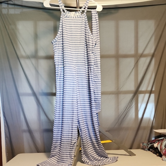 Striped Blue and White Jumpsuit - Picture 1 of 9